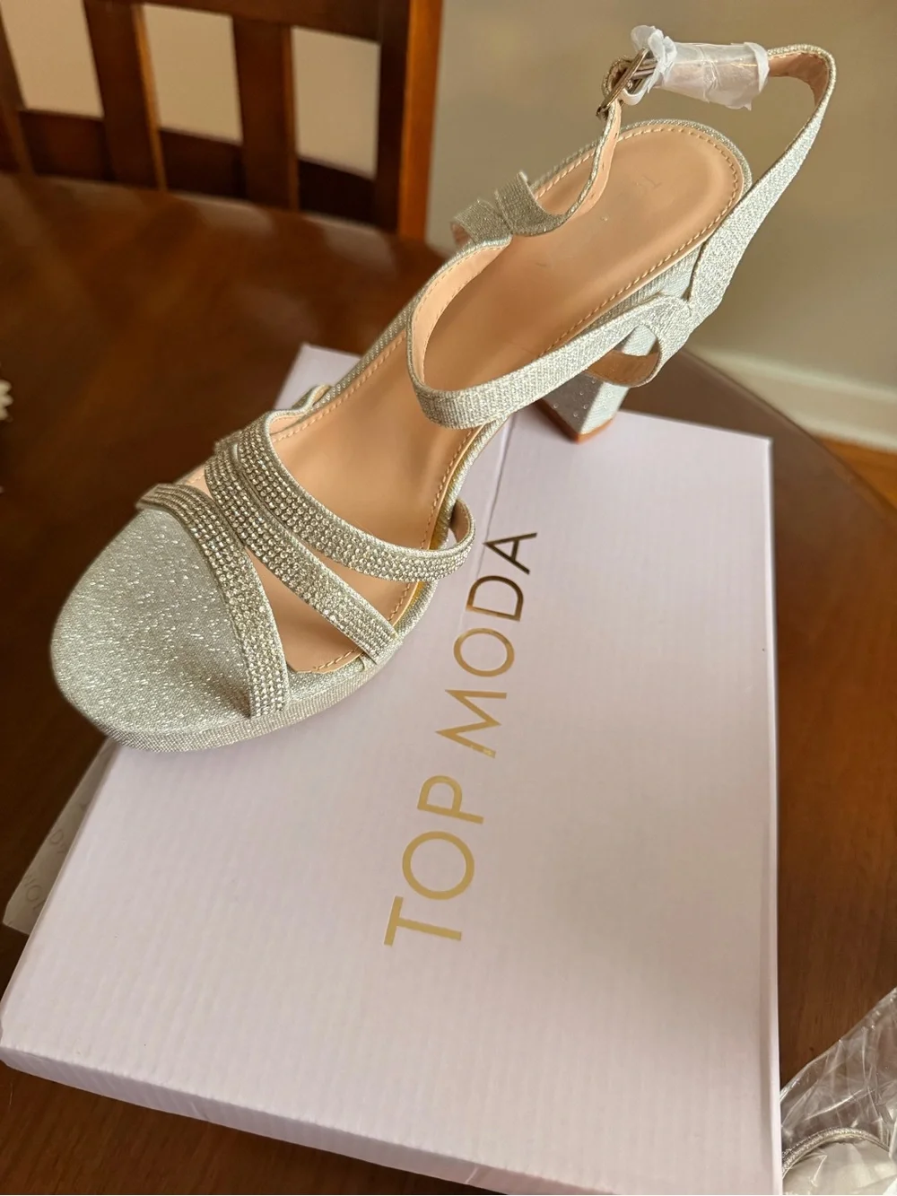 Moda Silver Glitter Strappy Block Heel Sandal